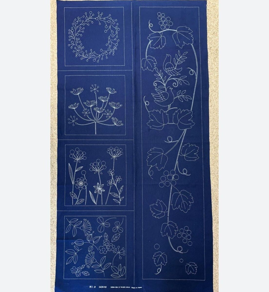 Sashiko Panel Family Garden Sampler - Indigo Blue Fabric