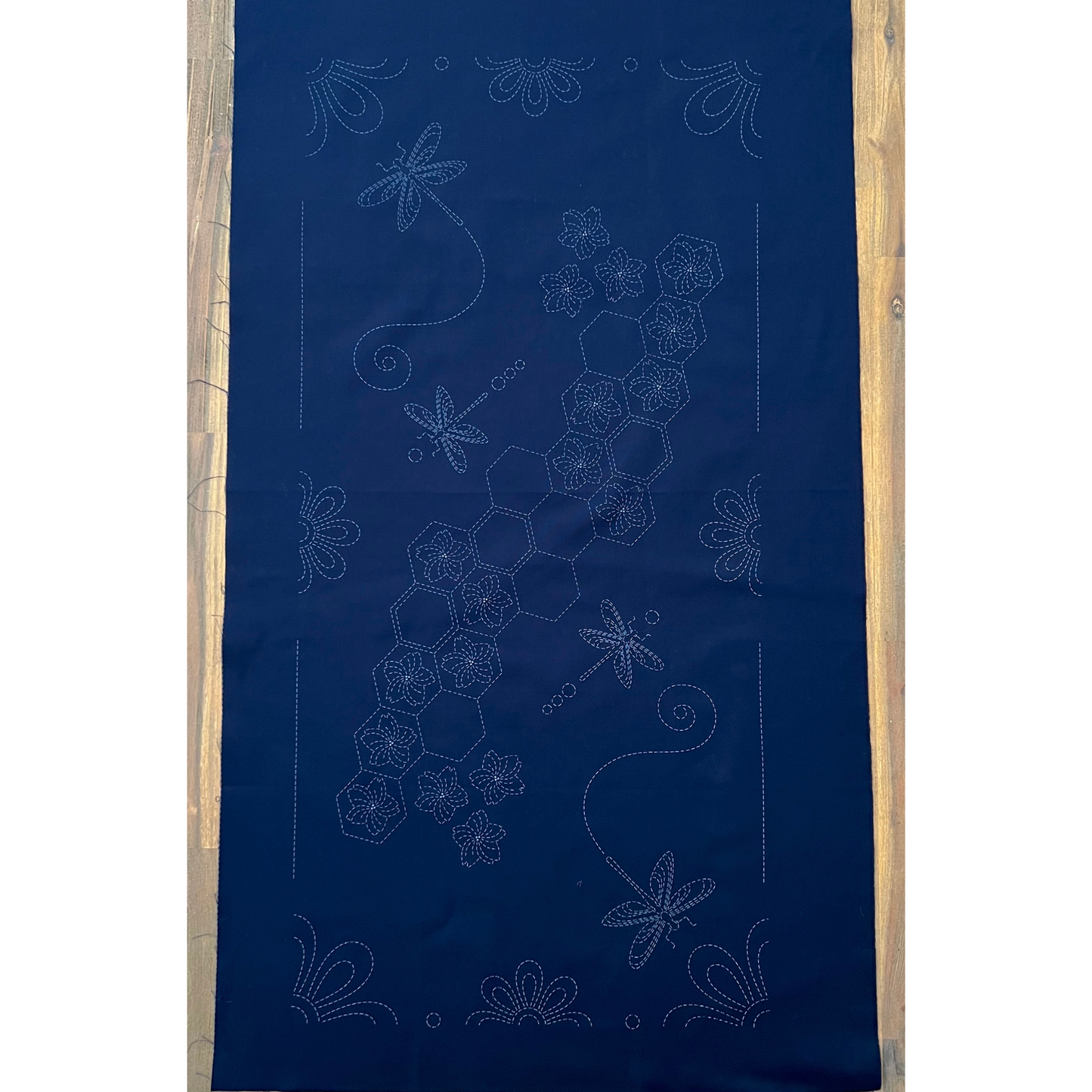 Sashiko Panel Dragonflies and Hexagons - Indigo Blue Fabric