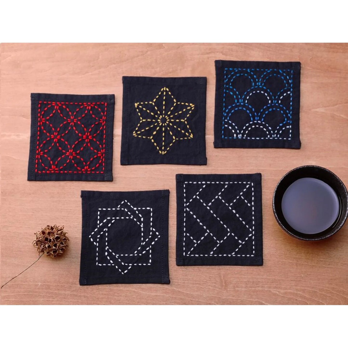 Kofu Tsumugi Sashiko 5 Coasters Sampler – Indigo