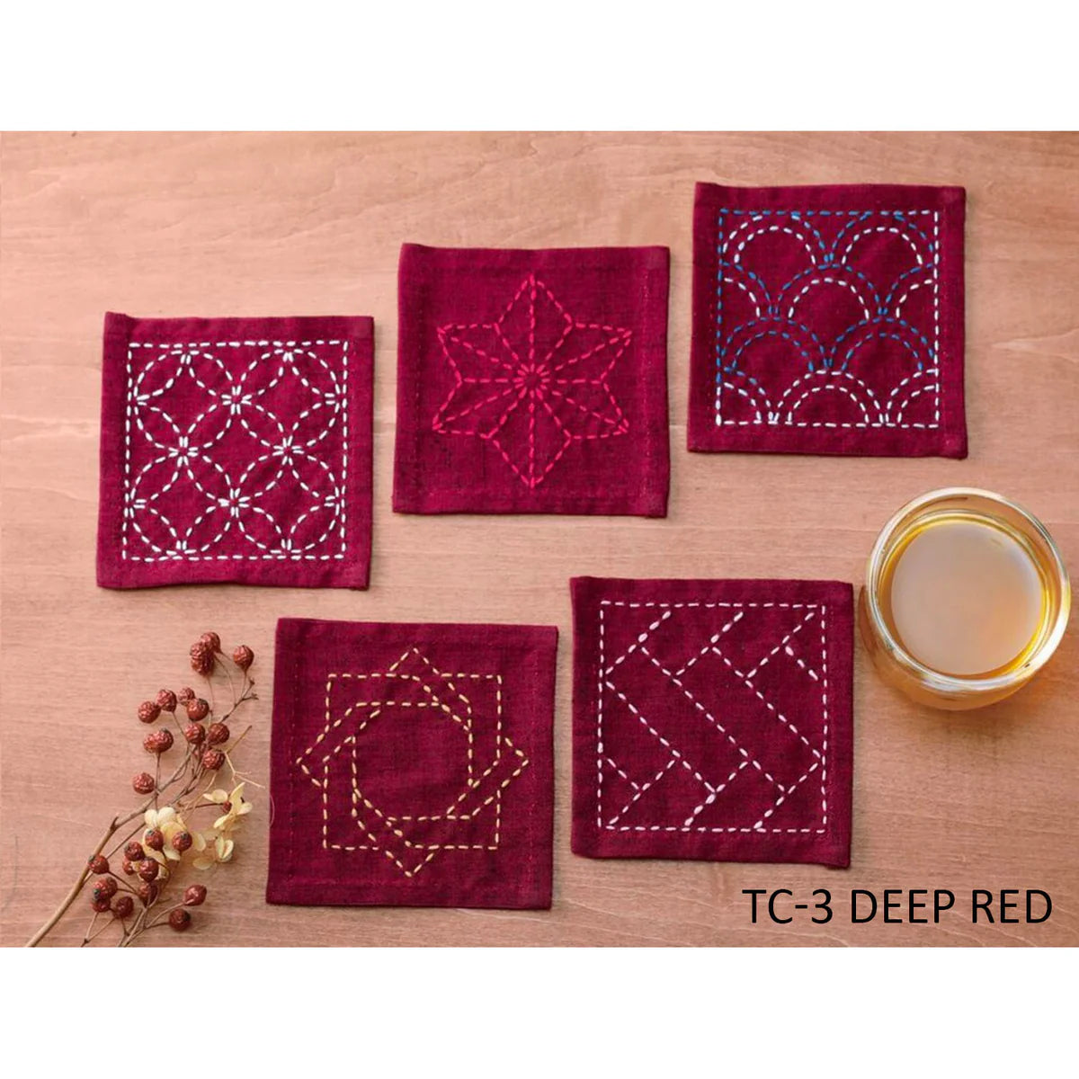 Kofu Tsumugi Sashiko 5 Coasters Sampler- Red