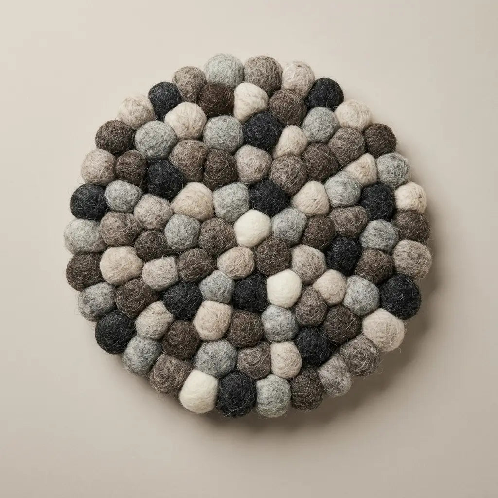 Felted Wool Ball Trivet - Charcoal, Grey and Cream