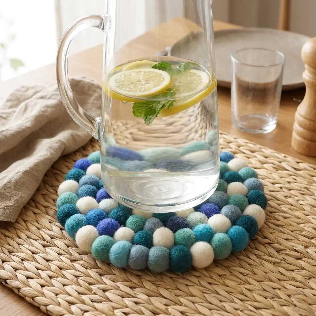 Felted Wool Ball Trivet - Ocean Blues Mix