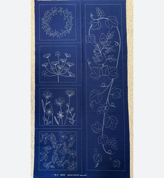 Sashiko Panel Family Garden Sampler - Indigo Blue Fabric