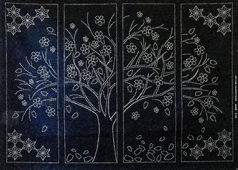 Sashiko Panel Four Panel Cherry Blossom Tree - Indigo Blue Fabric