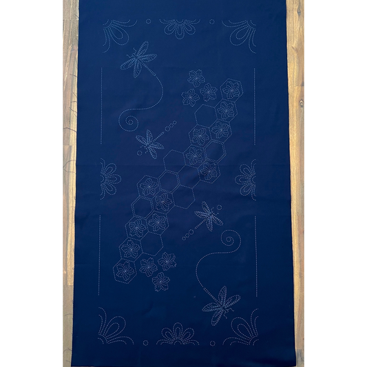 Sashiko Panel Dragonflies and Hexagons - Indigo Blue Fabric