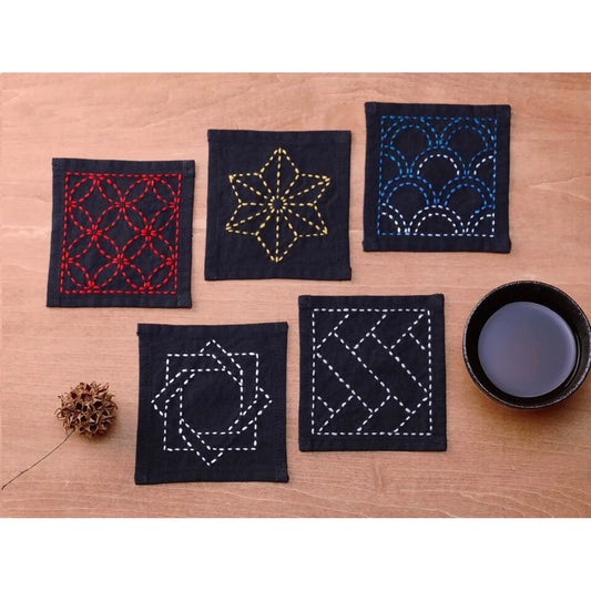 Kofu Tsumugi Sashiko 5 Coasters Sampler – Indigo