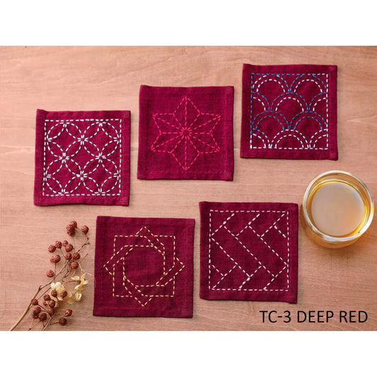 Kofu Tsumugi Sashiko 5 Coasters Sampler- Red
