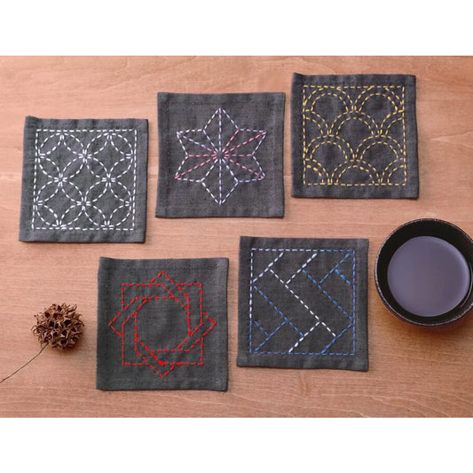 Kofu Tsumugi Sashiko 5 Coasters Sampler – Dark Grey