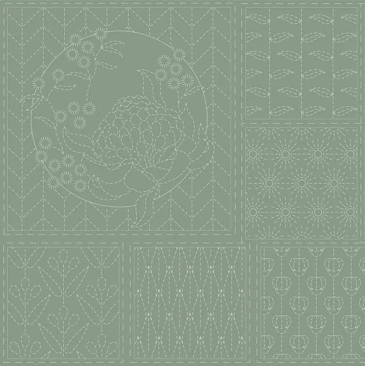 Devonstone Sashiko Panel: Botanical Stitchery Panel in Sage Green