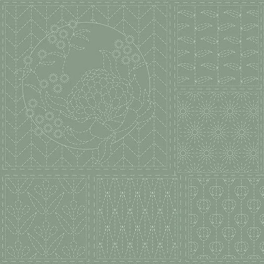 Devonstone Sashiko Panel: Botanical Stitchery Panel in Sage Green
